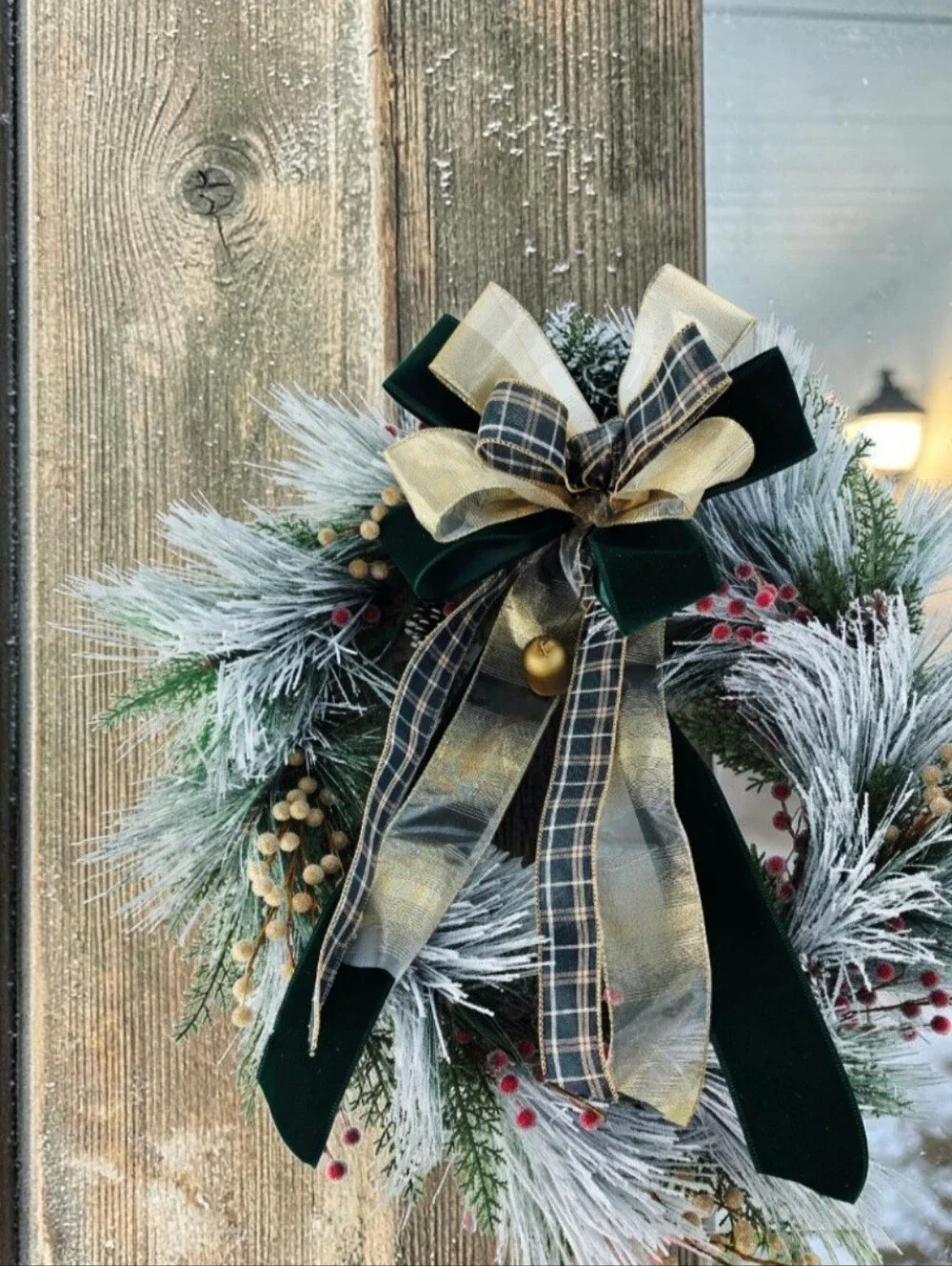 Festive Frosted Pine Holiday Wreath with Gold & Green Bow